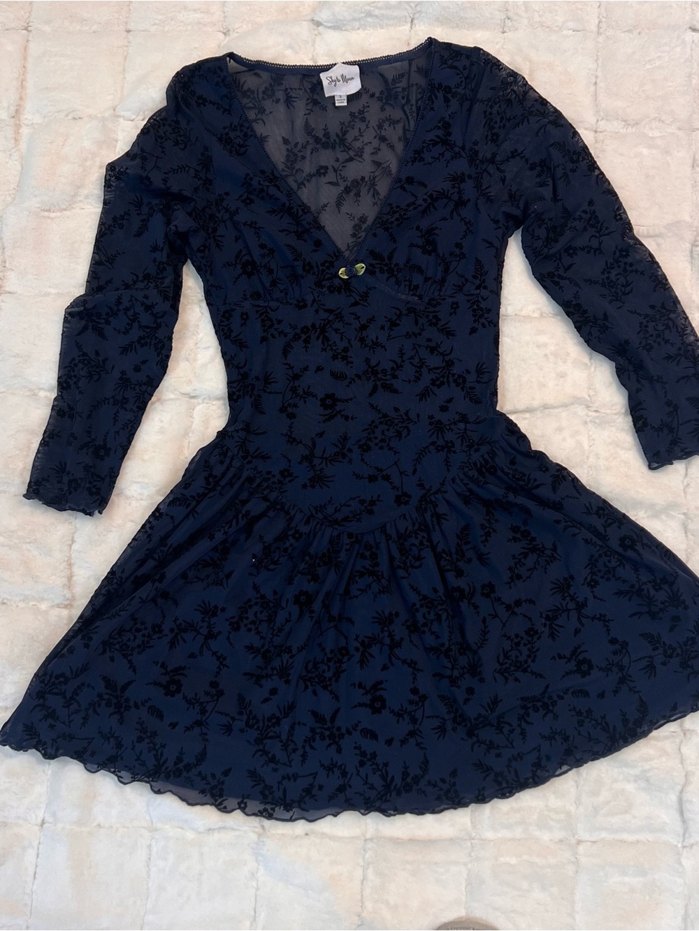Sky to Moon Navy Floral V-Neck Long Sleeve Dress Velvet Detail